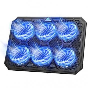 TECKNET Base de Refrigeración Gaming Ordenador Portátil hasta 19 Pulgadas, 6 Ventiladores Silenciosos y Potencias con LED Azul, 2USB 2 Niveles de Altura Ajustable