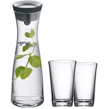 WMF Basic - Botella de agua de cristal, sistema Close Up, Con dos vasos, Negro, 1,0 litros