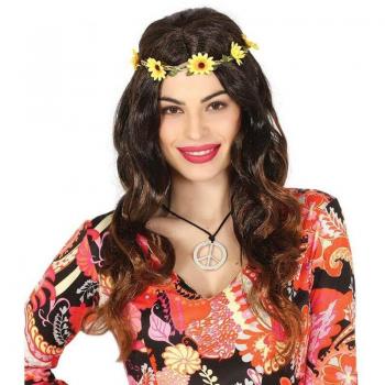 Peluca Hippie Melena Larga Negra con Diadema de Flores Guirca