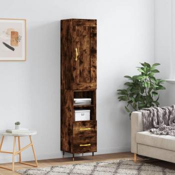 Aparador de madera contrachapada roble ahumado 34,5x34x180 cm con 2 cajones y 2 estantes, mueble de almacenaje para salón, buffet, armario auxiliar y armario