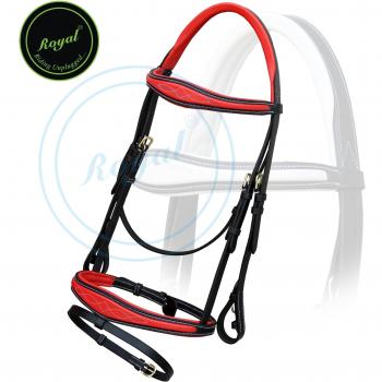 Royal Fancy Anatomic Raised Red Padded Bridle with PP Rubber Reins./ Vegetable Tanned Leather./ Brass Buckles.