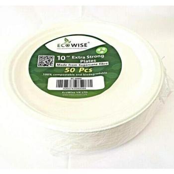 50 PCS PACK ECOWISE 10 INCH EXTRA STRONG DISPOSABLE PLATES BIODEGRADABLE AND COMPOSTABLE MADE FROM SUGARCANE FIBRE