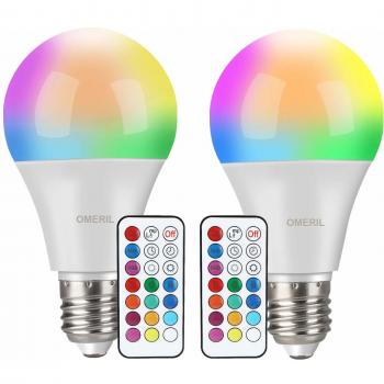 Bombilla LED Colores (2 Pack), OMERIL RGBW Bombilla LED E27 10W con Control Remoto, Función de Temporización y Memoria, 12 RGB Colores, Luz Ambiente Regulable para Hogar, Decoración, Bar, Fiesta, KTV