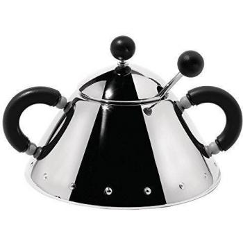 Alessi 9097 B - Azucarero con cuchara de acero inoxidable y asas de color negro
