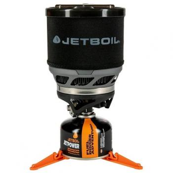 Jetboil Hornillo Camping Minimo Gris con soporte para olla, diseño compacto y ligero, sistema de cocción rápido, compatible con cartuchos de gas, ideal para actividades al aire libre