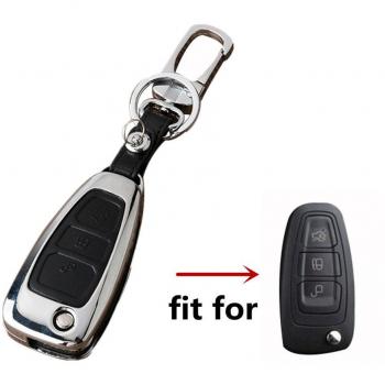 Happyit Aleación de zinc + Cuero Cubierta de la Llave del Coche para Ford Smart/Folding Focus Mondeo Edge Fiesta Kuga Mondeo MK4 Fiesta Fusion Escort Ecosport Llave del Coche