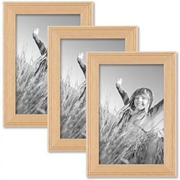 Photolini Juego de 3 Marcos casa Rural 10x15 cm Madera Natural, Madera Maciza con Cristal y Accesorios/para Colocar o Colgar/Marco de Fotos