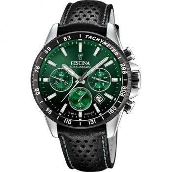 Reloj Festina Timeless Chronograph F20561/5 para Hombre con Esfera Verde, Caja de Acero Inoxidable 316L Gris Plata y Correa de Piel Negra