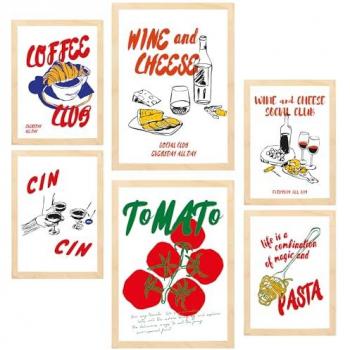 Set de 6 Pósters Pop Art de Alimentos y Comida para Decoración de Paredes - Tamaños A3 y A4, Sin Marco o con Marco de Madera Clara
