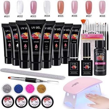 Esmaltes de Gel UV Kit, MYSWEETY 8 Color Rosa Blanco UV GEL para Pintauñas Esmalte, con UV/LED Lámpara, Capa superior y Capa Base, 100 Piezas Uña Falsa