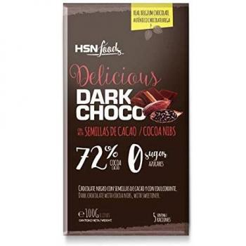 Tableta de Chocolate Sin Azúcar de HSN | Dark Chocolate | 72% Cacao | Snack Fitness Saludable | Vegetariano, Sin Gluten, Sin Aceite de Palma, Sin Grasa Trans, 100g