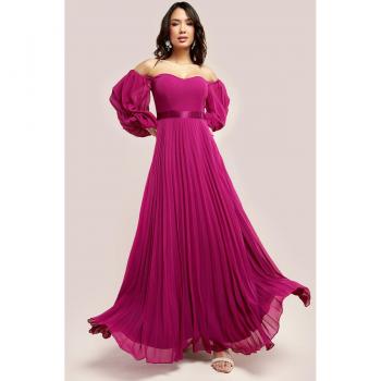 Goddiva Bardot Chiffon Pleated Maxi - Magenta