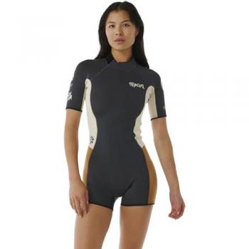 Traje de neopreno Rip Curl Dawn Patrol 2/2 mm Eco Shorty con cremalleras en la espalda para mujer - Talla US 4, color negro y beige