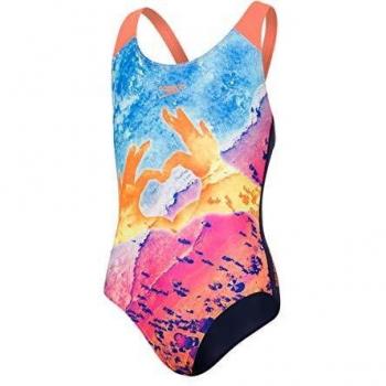 Speedo Sun Pebble Placement Digital Splashback Bañador, Niñas, Azul Marino/Naranja Fluorescente/Turquesa, 24