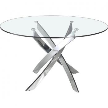 Mesa Comedor Redonda de Cristal con Base de Acero Inoxidable y Acero Cromado, Diámetro 130 cm, Altura 75 cm