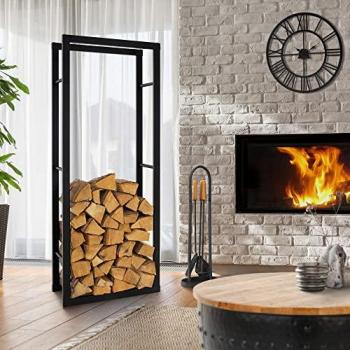 Estantería Metálica para Leña 60x150x25 cm, Soporte Organizador Negro Moderno para Interior y Exterior, Estructura de Acero Resistente a Intemperies