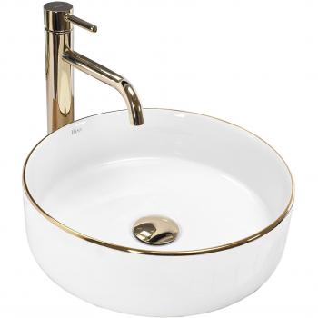 Lavabo de encimera Rea Sami Gold Edge - Blanco con borde dorado, diseño moderno, material cerámico, fácil instalación, superficie brillante y resistente a manchas