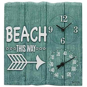 Taylor Precision Products 14 x14 Poly Resin Beach This Way Clock with Thermometer, Multicolored