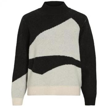 Vila - Jersey de mujer cuello perkins, negro, talla L, con diseño jacquard y manga larga