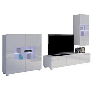 Conjunto de salón moderno Providence B111, Blanco Brillante, con mesa de TV y mobiliario adicional, partes separadas, aglomerado laminado