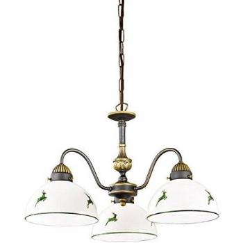 Lámpara Colgante Nonna de 3 Luces, Estilo Cottage, Blanco-Verde, Latón Antiguo Mate, 3x E27