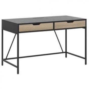 Escritorio para el hogar Jena, tablera de madera negra, base de metal, 2 cajones de madera clara, dimensiones 120 x 60 cm, diseño minimalista