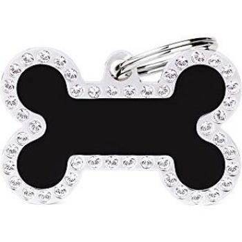 My Family Placa de Identificación personalizado para perro Made in Italy, Hueso Grande Rhinestone Negro, Placa de identificación de Perro Grabada Gratis, Metal Esmaltado a Mano, Colección Glam