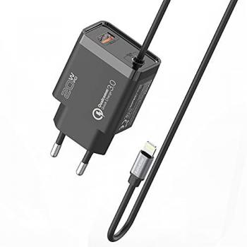 Cargador de Pared Lightning Promate iCharge-PDQC3 con Cable de 1.5m, Carga Rápida USB 3.0 y Potencia de 20W en Gris