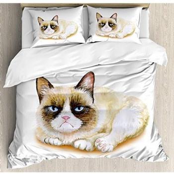 Animal Juego de cama de 3 piezas Juego de funda nórdica Grumpy Siamese Cat Angry Paws Gatito asiático Moody Feline Fluffy Love Lámina, sábana para niños / niños / adolescentes / adultos, marrón y beig