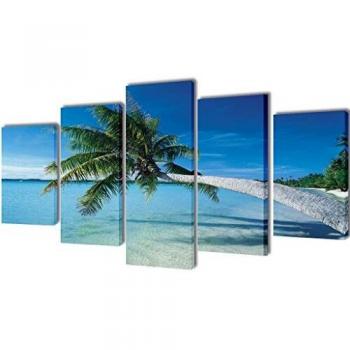 vidaXL Canvas Wall Print Set Sand Beach with Palm Tree 200 x 100 cm