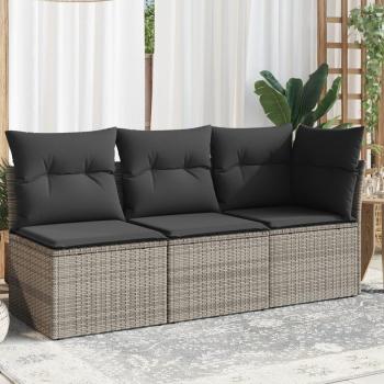 Sofá de jardín de 3 asientos en Polyrattan gris con cojines