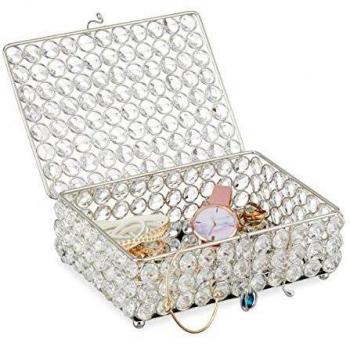 Joyero de Cristal Glamuroso con Espejo, Caja para Joyas de Metal y Vidrio, 7 x 19 x 14,5 cm, Plateado