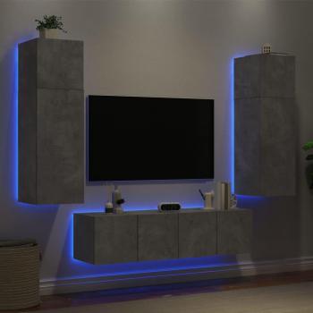 Muebles de pared para TV con LED, 6 piezas, madera de ingeniería en color gris hormigón
