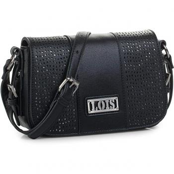 Lois - 95815 Bolso de Mujer Bandolera con Solapa y Cremallera. Forro Estampado. Bolsillo Interior. Bolsillo Delante con Cremallera. Piel sintética Polipiel, Color Negro
