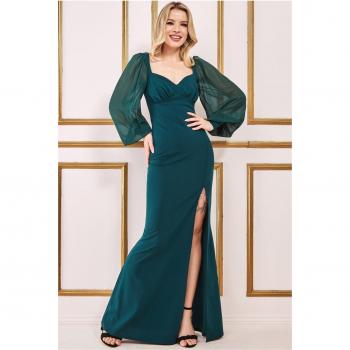 Goddiva Modesty Chiffon Thigh Split Maxi Dress - Emerald Green