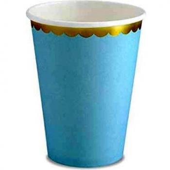 Partydeco - Juego de 6 Vasos de Papel celestes con Bordes Dorados y Azules.