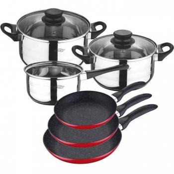 San Ignacio Set de Batería de Cocina 5 Piezas (2 Ollas, 1 Cazo, 2 Tapas) Acero Inoxidable y Juego de 3 Sartenes Aluminio Prens