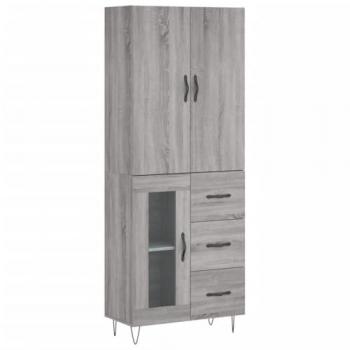 Aparador alto de madera contrachapada gris sonoma 69,5x34x180 cm con 1 puerta de cristal y 3 cajones, mueble de almacenaje moderno para salón