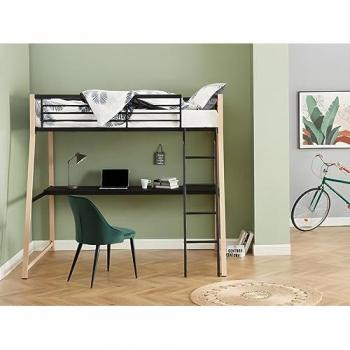 Cama Alta MALICIA 90 x 190 cm con Escritorio Integrado - Negro y Roble + Colchón