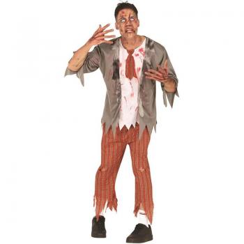 Disfraz de Colegial Zombie para hombre - incluye chaqueta y pantalones a rayas, camiseta blanca desgastada, corbata deshecha, maquillaje facial zombie y accesorios adicionales