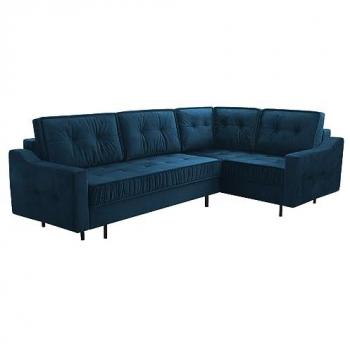 Sofá rinconero Kingsport 115, azul, con función de descanso y caja de ropa de cama, dimensiones 289x185x105cm