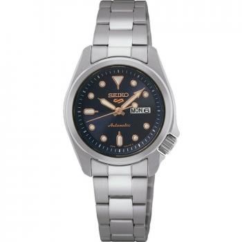 Reloj Seiko 5 Sports Mini SRE003K1 para Mujer, Automático, Esfera Azul Oscuro, Caja de 28mm, Acero Inoxidable, Indicador de Día y Fecha