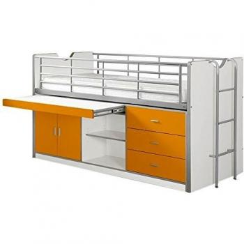 Cama Alta Bonny 90x200 cm con Escritorio y Almacenamiento - Naranja y Blanco (Fabricada en Europa)
