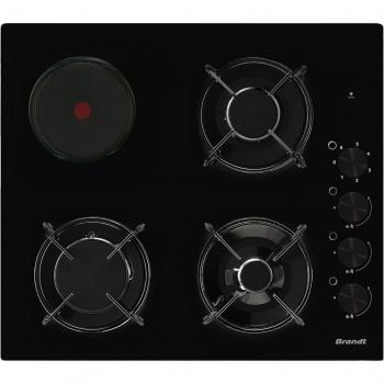 Placa de cocción mixta Brandt BPG3400BM con 3 quemadores y 1 zona de cocción, dimensiones de 60 cm, color negro