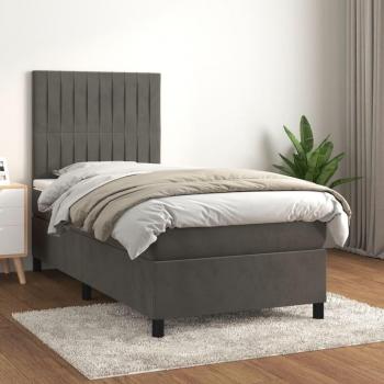 Cama box spring suave con colchón de terciopelo gris oscuro 80x200 cm