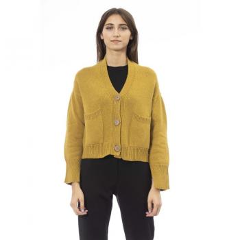 Alpha Studio Women's Autumn/Winter Wool-Polyamide Button-Up Cardigan with Front Pockets in Yellow, Size XS