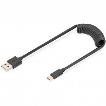 Cable Espiral USB 2.0 - USB-A a USB-C, 1m, Doble Pantalla, Power Delivery 60W, Negro