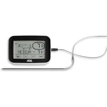 ADE BBQ1408 Termómetro de radio para parrilla. Termómetro digital para barbacoas con pantalla táctil, receptor de radio y horquilla de medición de acero inoxidable. Termómetro electrónico para el horno para el punto de cocción perfecto. Incluye bat