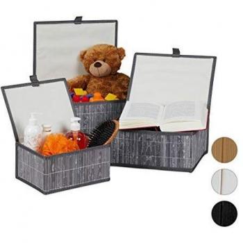 Set de 3 Cestas de Almacenaje en Bambú con Tapa, Contenedores Decorativos, Gris