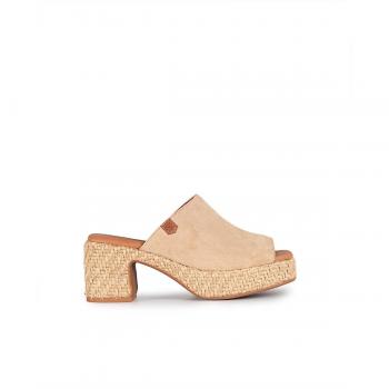 Zuecos de mujer abiertos en serraje con cuña y tacón - Tulum Beige